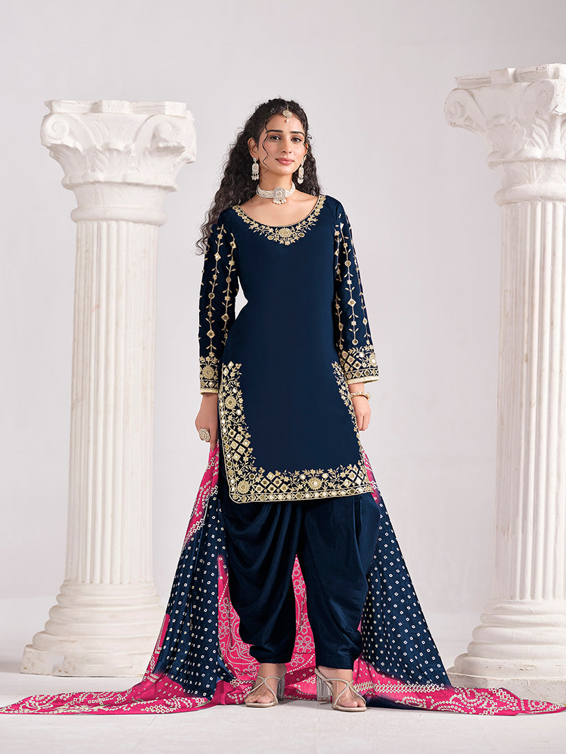 Monjolika Fashion Embroidered Chanderi Silk Navy Blue Mirror Work Salwar Kameez
