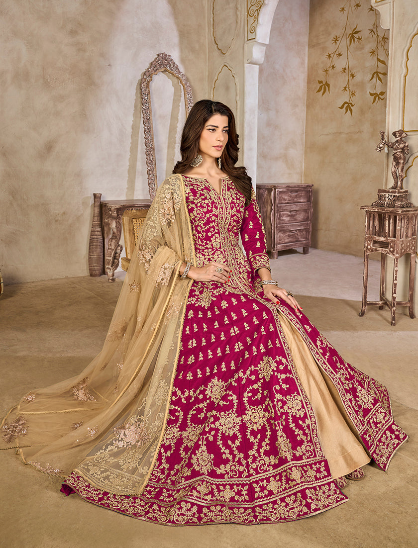 Monjolika Fashion Rani Pink Color Art Silk Embroidered Anarkali Salwar Kameez