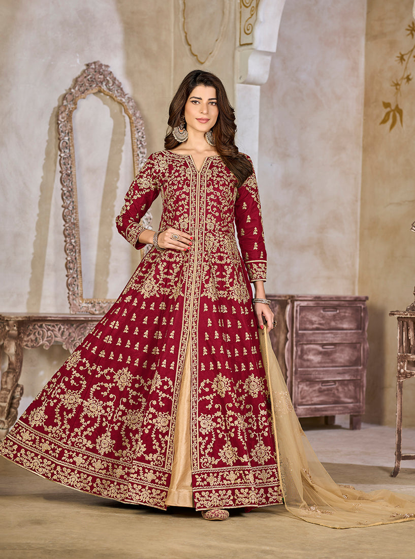 Monjolika Fashion Maroon Color Art Silk Embroidered Anarkali Salwar Kameez