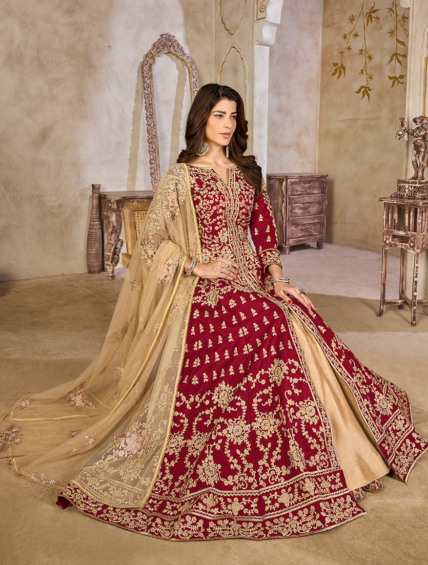 Monjolika Fashion Maroon Color Art Silk Embroidered Anarkali Salwar Kameez
