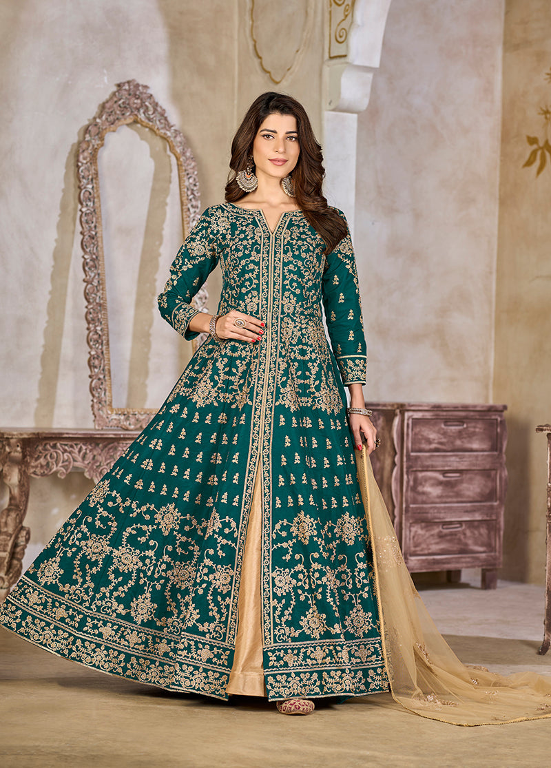 Monjolika Fashion Teal Color Art Silk Embroidered Anarkali Salwar Kameez