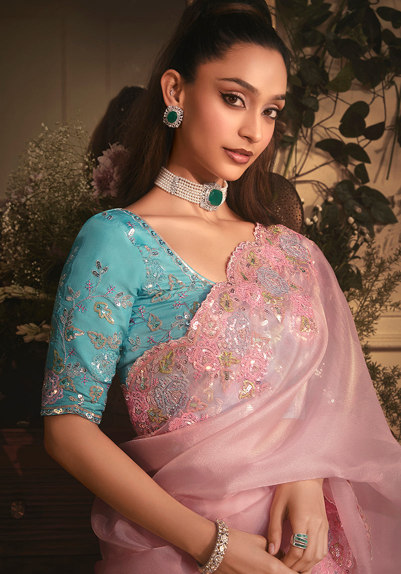Monjolika Fashion Designer Light Pink Tissue Organza Saree With All Over Butta Work & Heavy Stone Embellished Border