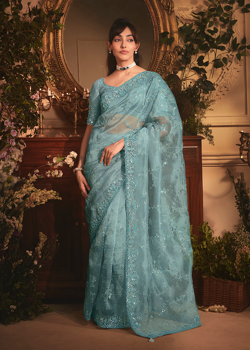 Monjolika Fashion Designer Aqua Blue Tissue Organza Saree With All Over Butta Work & Heavy Stone Embellished Border