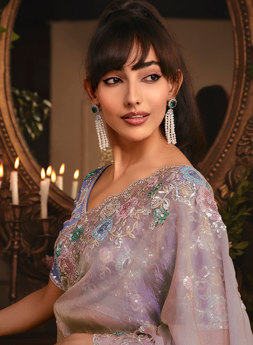 Monjolika Fashion Designer Light Lilac Tissue Organza Saree With All Over Butta Work & Heavy Stone Embellished Border