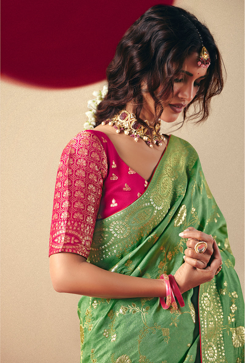 Monjolika Fashion Viscose Silk Green Saree With Rich Zari Weaving & Designer Tassels