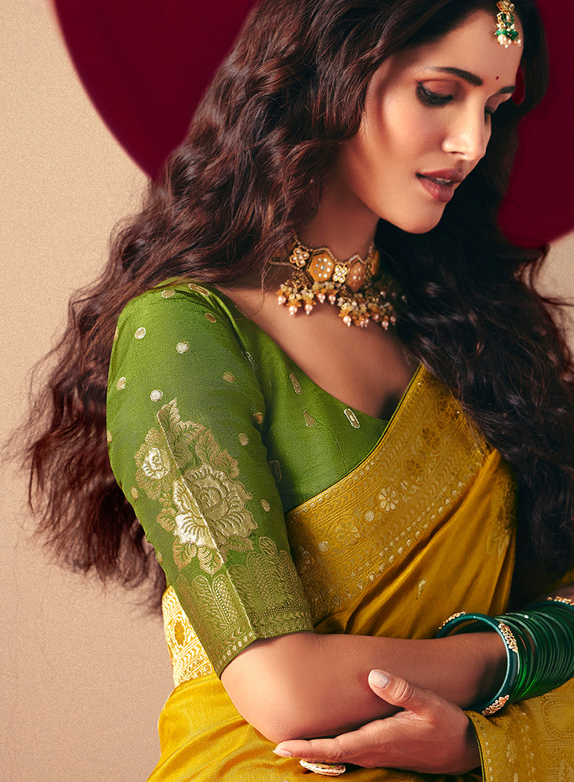 Monjolika Fashion Viscose Silk Mustard Saree With Rich Zari Weaving & Designer Tassels