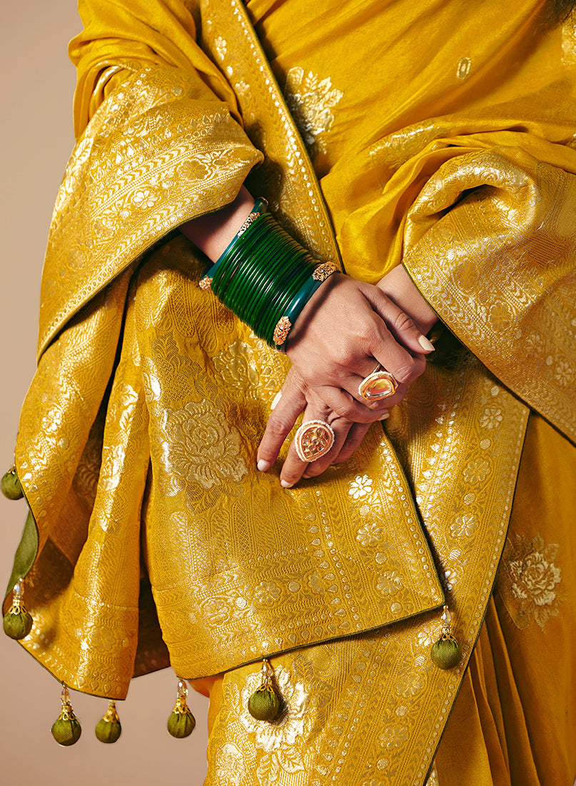 Monjolika Fashion Viscose Silk Mustard Saree With Rich Zari Weaving & Designer Tassels