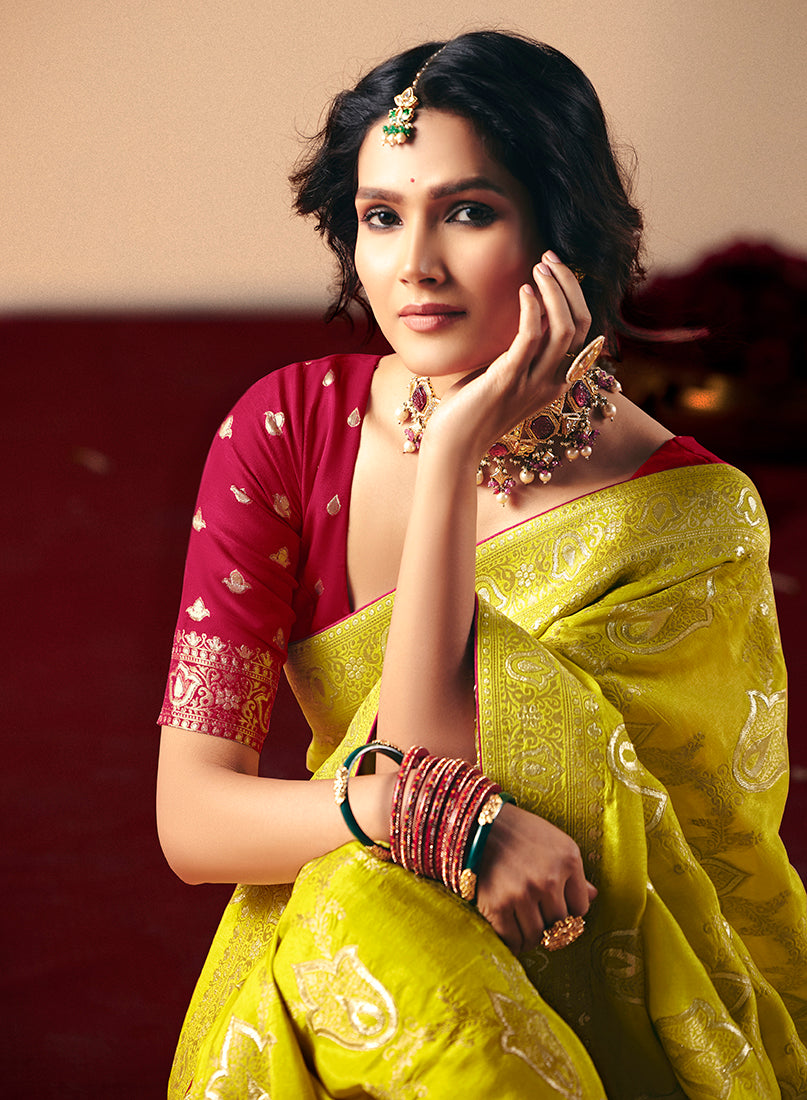 Monjolika Fashion Viscose Silk Pear Saree With Rich Zari Weaving & Designer Tassels