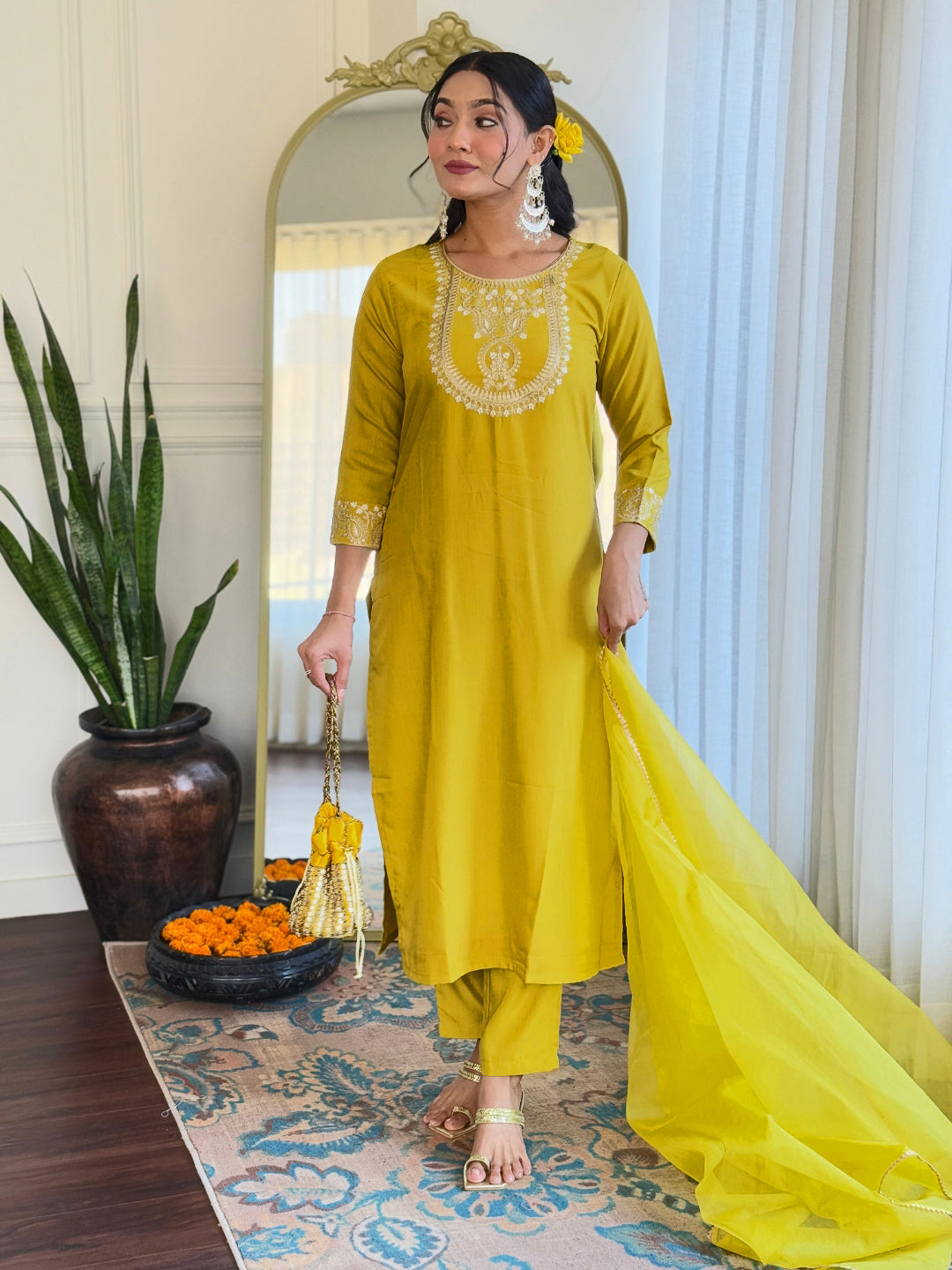 The52 Beautiful Embroidery Work with Rayon Slub Fabric Straight Kurta, Pant and Dupatta Set