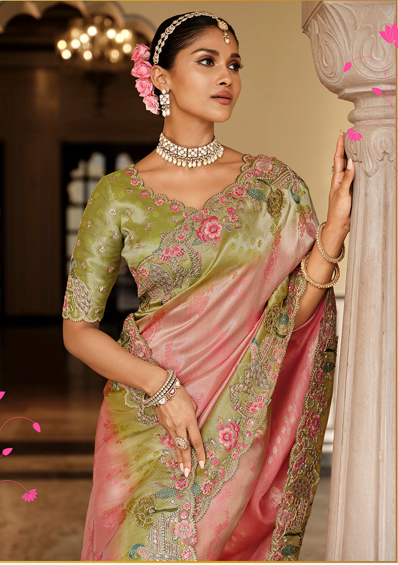 Monjolika Fashion Silk Blend Saree In Pastel Pink & Olive Green With Floral Meenakari Zari Work
