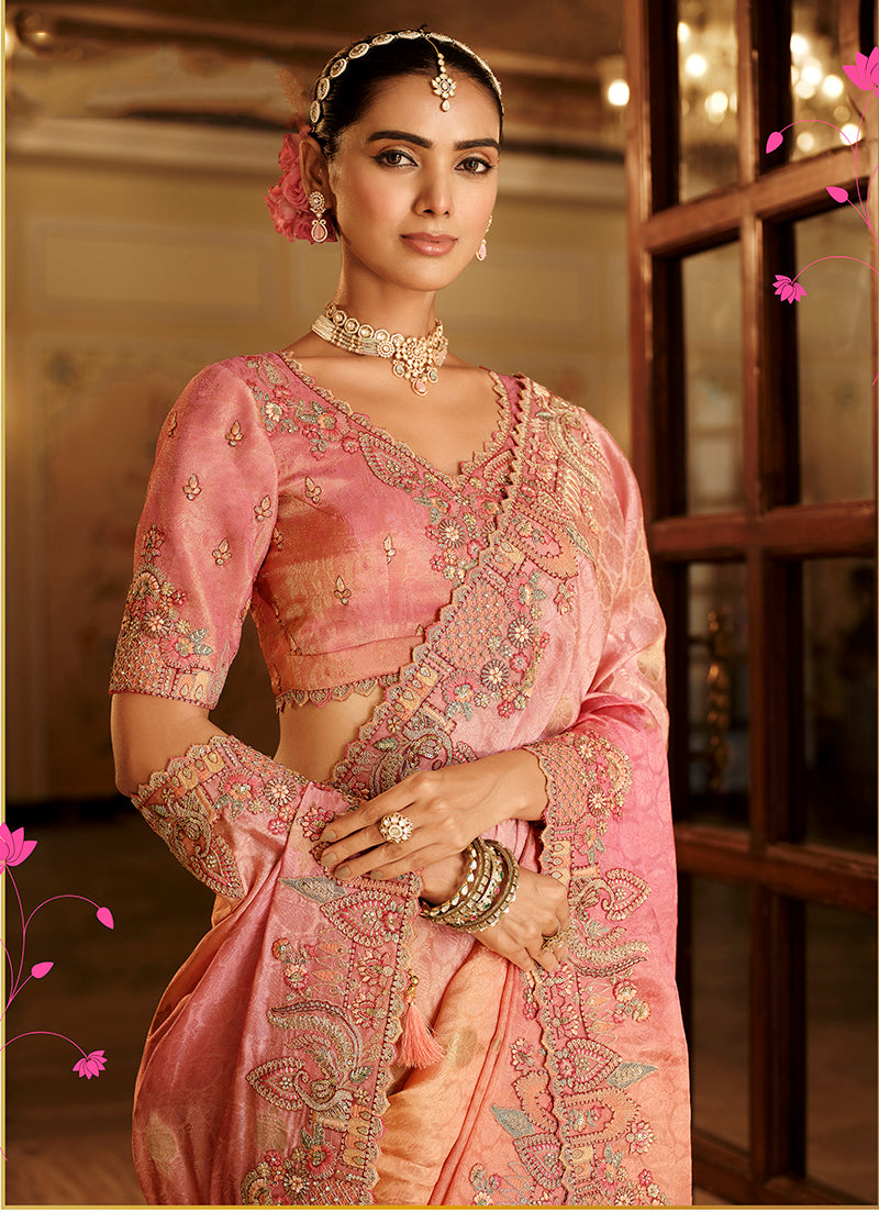 Monjolika Fashion Silk Blend Saree In Peach & Rose Pink With Intricate Meenakari Zari Detailing