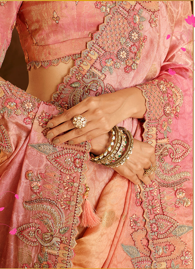 Monjolika Fashion Silk Blend Saree In Peach & Rose Pink With Intricate Meenakari Zari Detailing