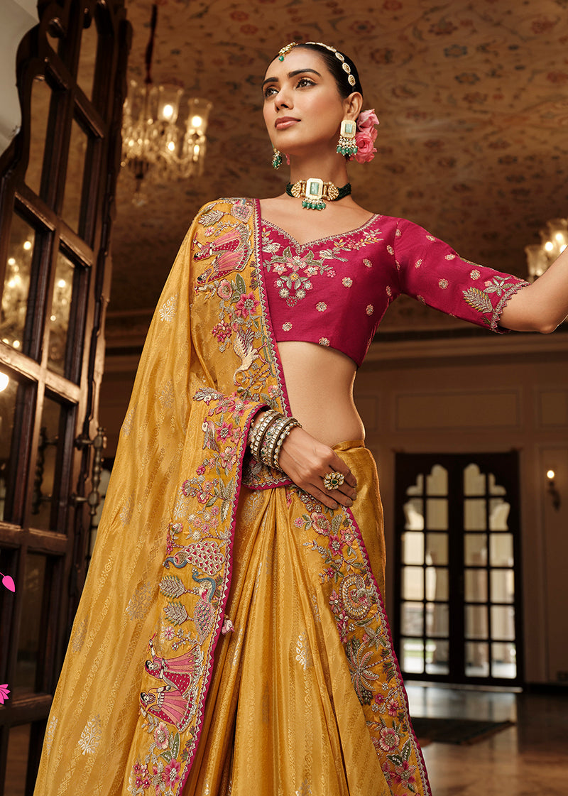 Monjolika Fashion Silk Blend Saree In Amber With Rani Pink Contrast Blouse & Meenakari Zari Weaving