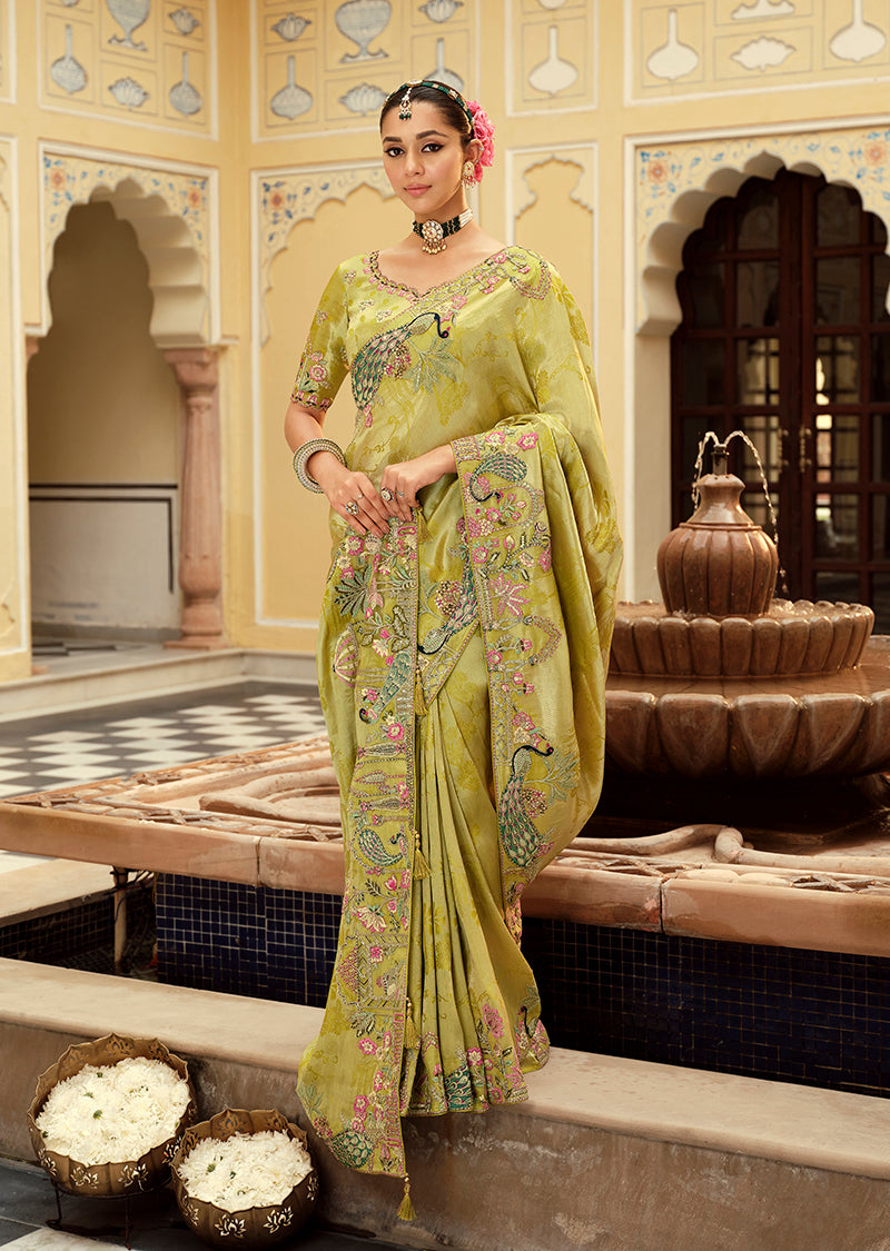 Monjolika Fashion Silk Blend Silk Saree In Light Green With Rich Meenakari Zari Weaving