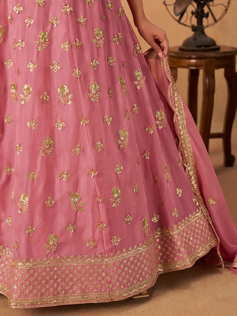 Monjolika Fashion Embroidered Pink Organza Trendy Lehenga Choli