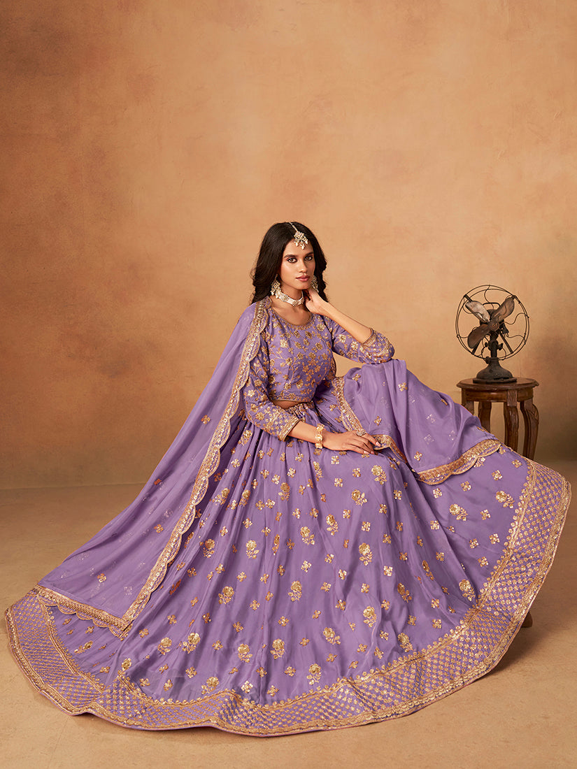 Monjolika Fashion Embroidered Lavender Organza Trendy Lehenga Choli