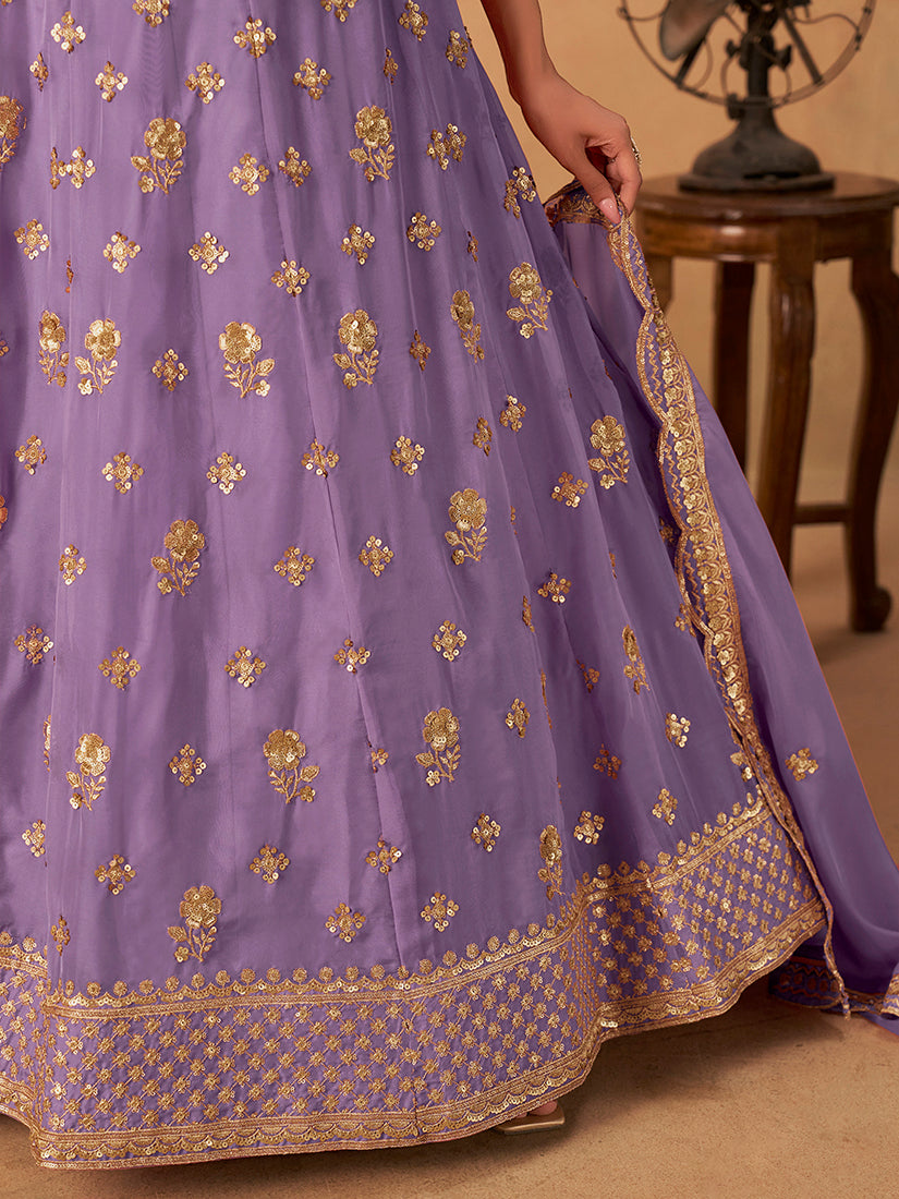 Monjolika Fashion Embroidered Lavender Organza Trendy Lehenga Choli