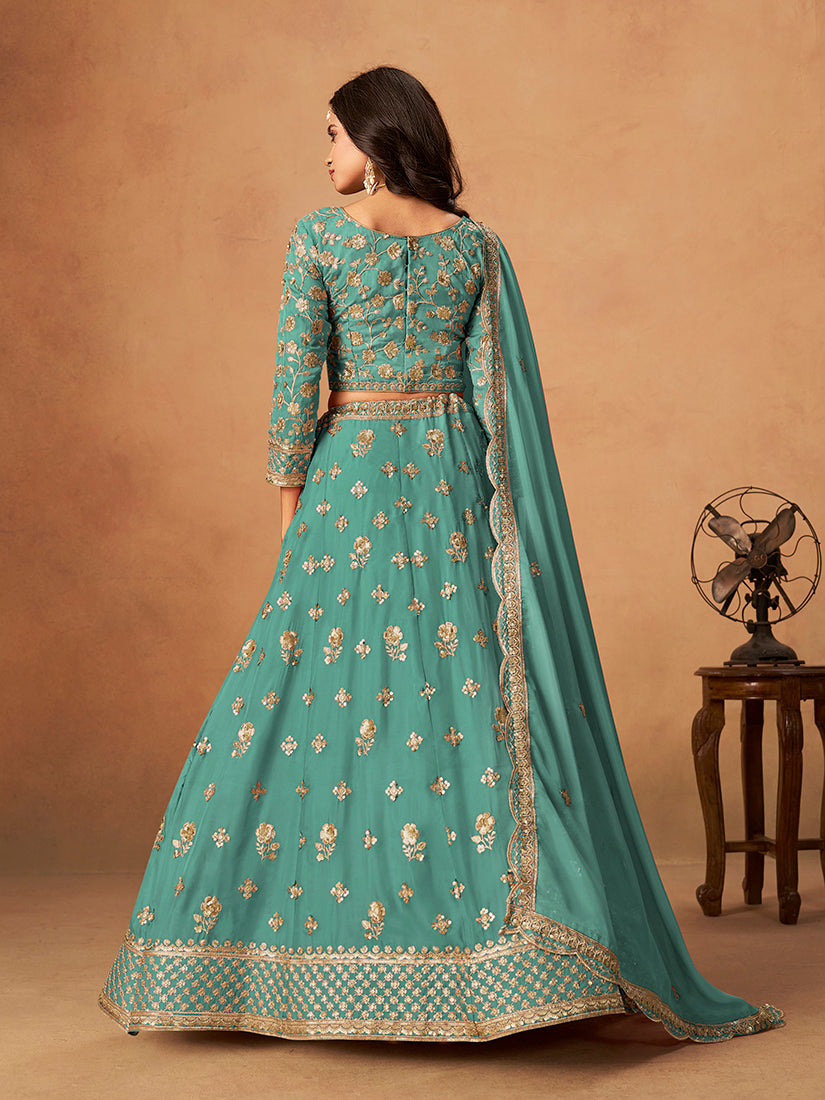 Monjolika Fashion Embroidered Turquoise Organza Trendy Lehenga Choli