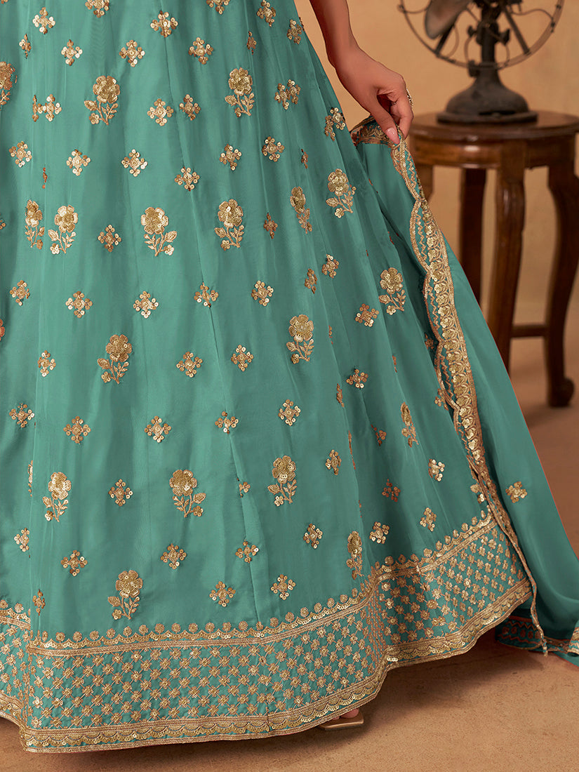Monjolika Fashion Embroidered Turquoise Organza Trendy Lehenga Choli
