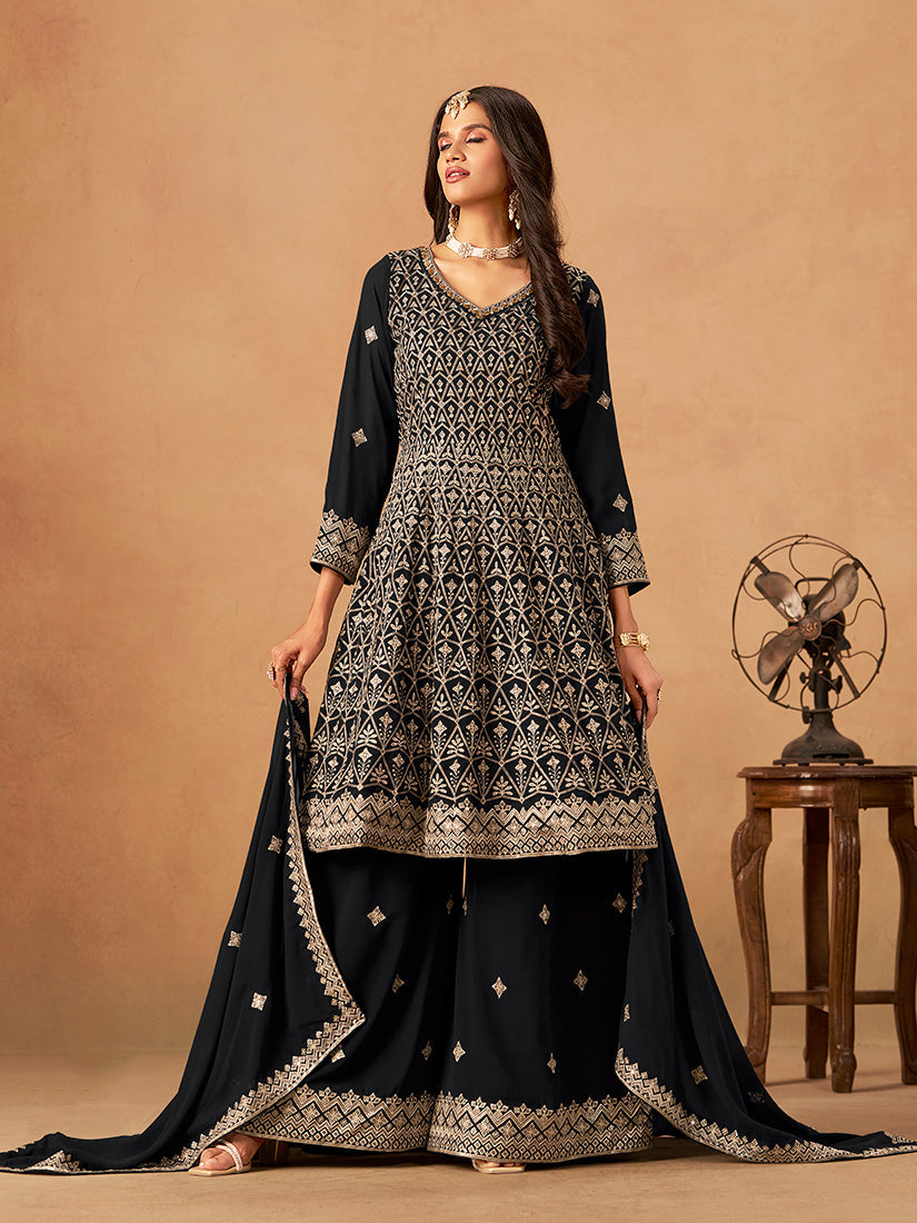 Monjolika Fashion Black Embroidered Faux Georgette Trendy Palazzo Salwar Kameez