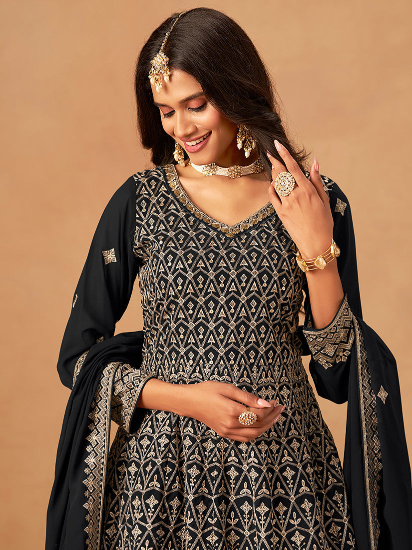 Monjolika Fashion Black Embroidered Faux Georgette Trendy Palazzo Salwar Kameez