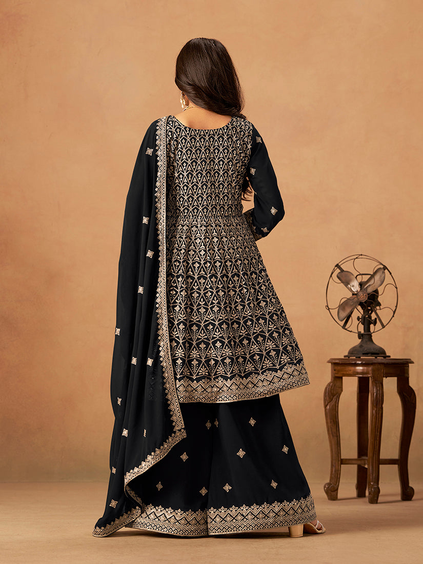 Monjolika Fashion Black Embroidered Faux Georgette Trendy Palazzo Salwar Kameez