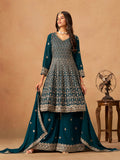 Monjolika Fashion Teal Embroidered Faux Georgette Trendy Palazzo Salwar Kameez
