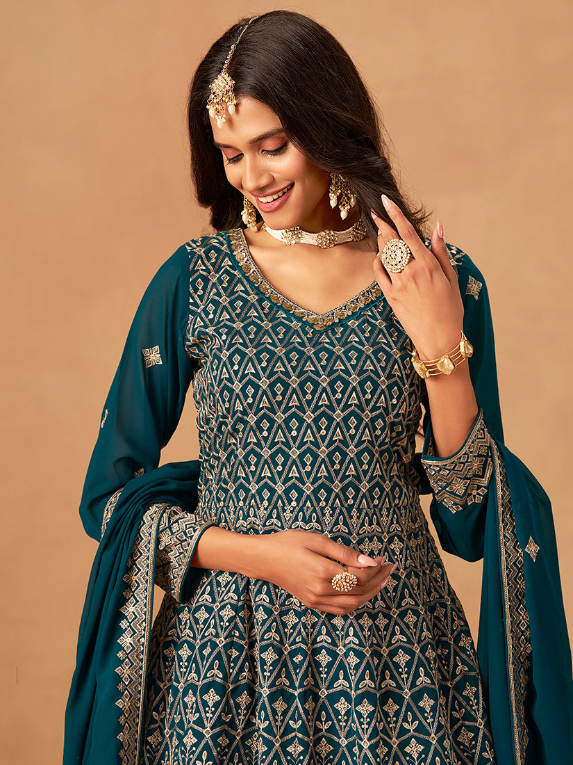 Monjolika Fashion Teal Embroidered Faux Georgette Trendy Palazzo Salwar Kameez