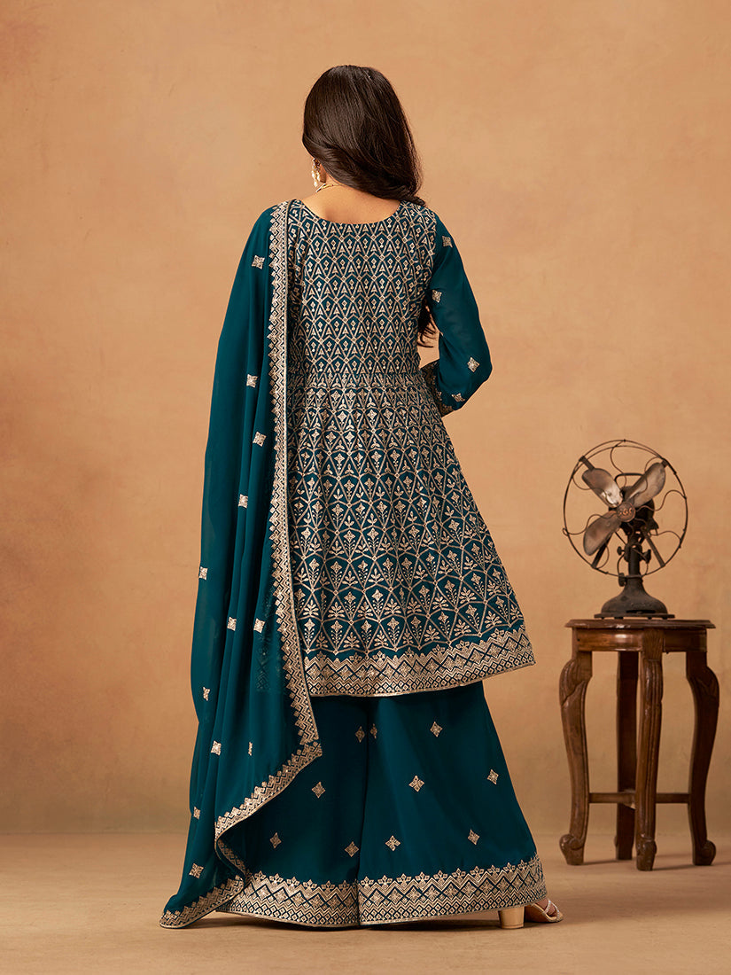Monjolika Fashion Teal Embroidered Faux Georgette Trendy Palazzo Salwar Kameez