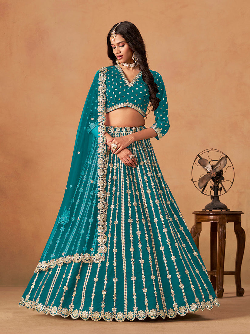 Monjolika Fashion Embroidered Teal Blue Art Silk Designer Long Lehenga Choli