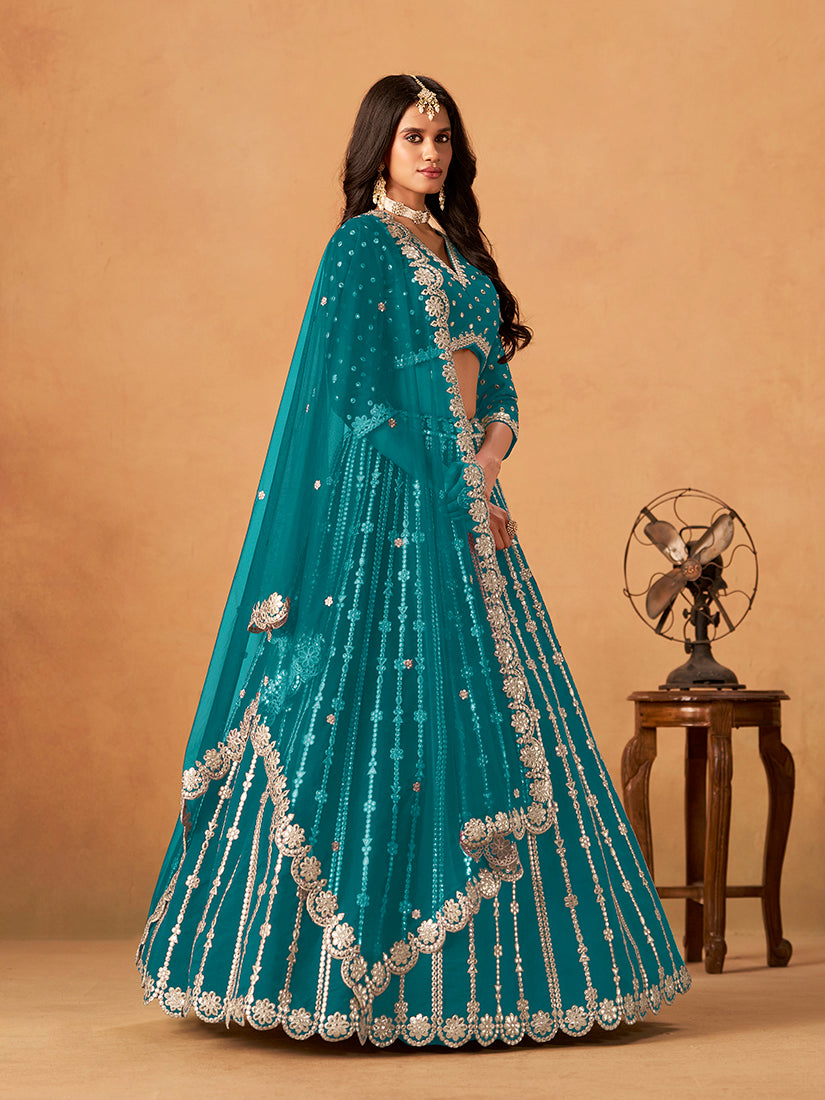 Monjolika Fashion Embroidered Teal Blue Art Silk Designer Long Lehenga Choli