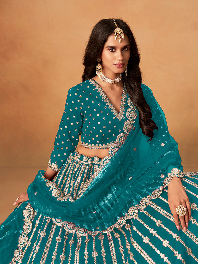 Monjolika Fashion Embroidered Teal Blue Art Silk Designer Long Lehenga Choli