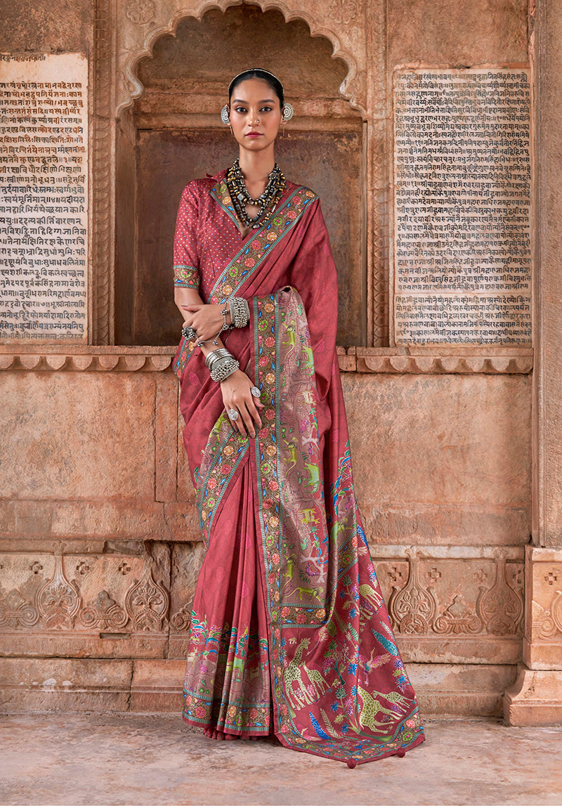 Monjolika Fashion Maroon Printed Silk Contemporary Saree