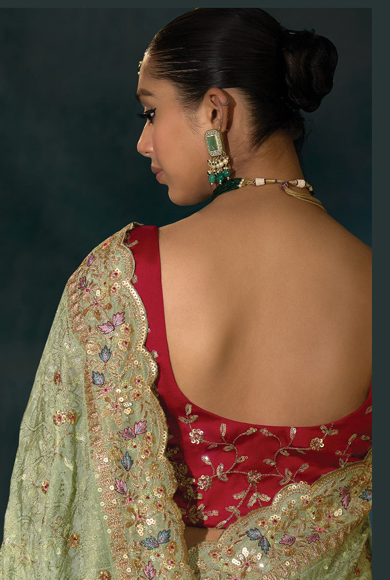Monjolika Fashion Sea Green With Lakhanvi And Zarkan Work Banarasi Silk Blend Saree