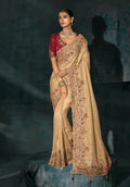 Monjolika Fashion Beige Color Silk Blend Cutdana Moti And Mirror Heavy Work Saree
