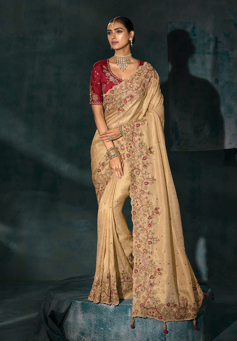 Monjolika Fashion Beige Color Silk Blend Cutdana Moti And Mirror Heavy Work Saree