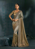 Monjolika Fashion Grey Color Cutdana Moti And Mirror Heavy Work Silk Blend Saree