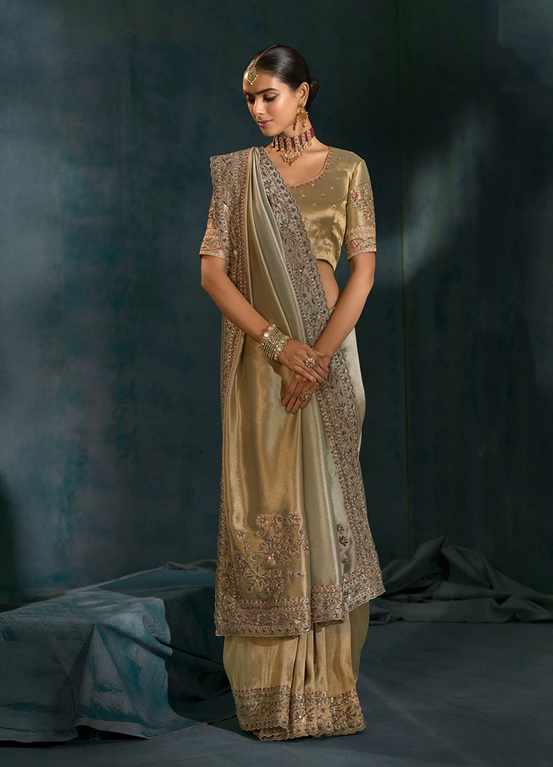 Monjolika Fashion Grey Color Cutdana Moti And Mirror Heavy Work Silk Blend Saree