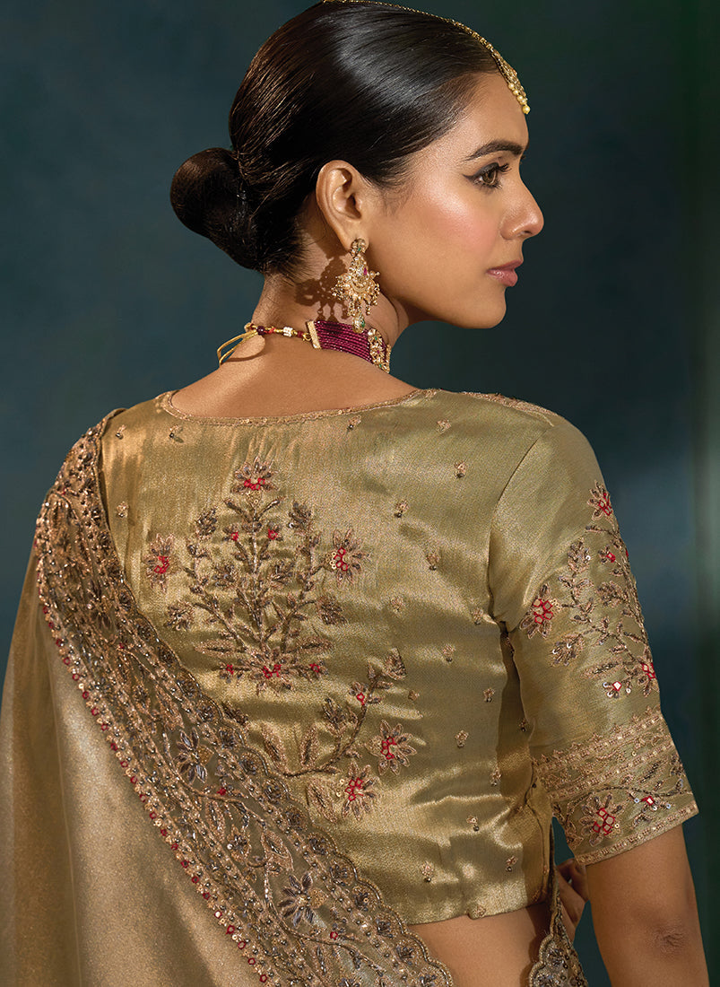 Monjolika Fashion Grey Color Cutdana Moti And Mirror Heavy Work Silk Blend Saree