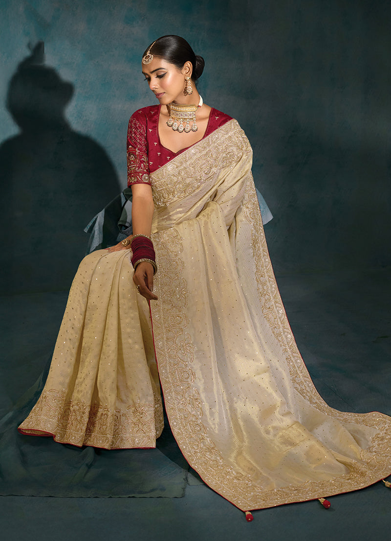 Monjolika Fashion Cream Color Silk Blend With Cutdana Moti Zari Heavy Work Beautiful Border Saree
