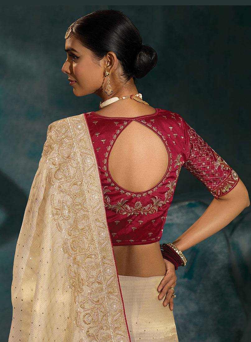 Monjolika Fashion Cream Color Silk Blend With Cutdana Moti Zari Heavy Work Beautiful Border Saree