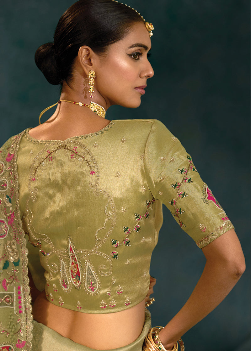 Monjolika Fashion Olive Green Color Silk Blend With Cutdana Moti Zarkan Heavy Work Beautiful Border Saree