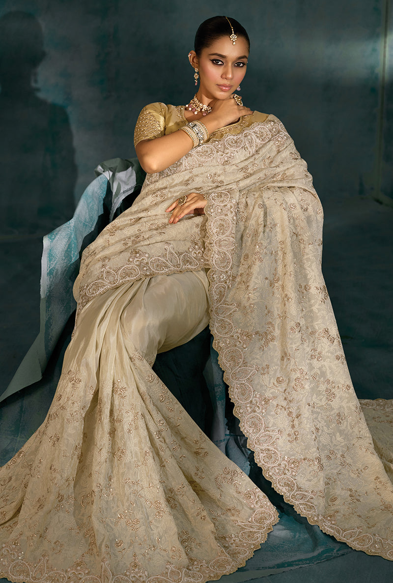 Monjolika Fashion Sky Blue With Cutdana Moti & Mirror Work Color Silk Blend Beautiful Border Saree