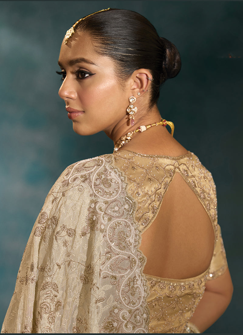 Monjolika Fashion Cream Banarasi Silk With Lakhanvi And Zarkan Work Blend Saree