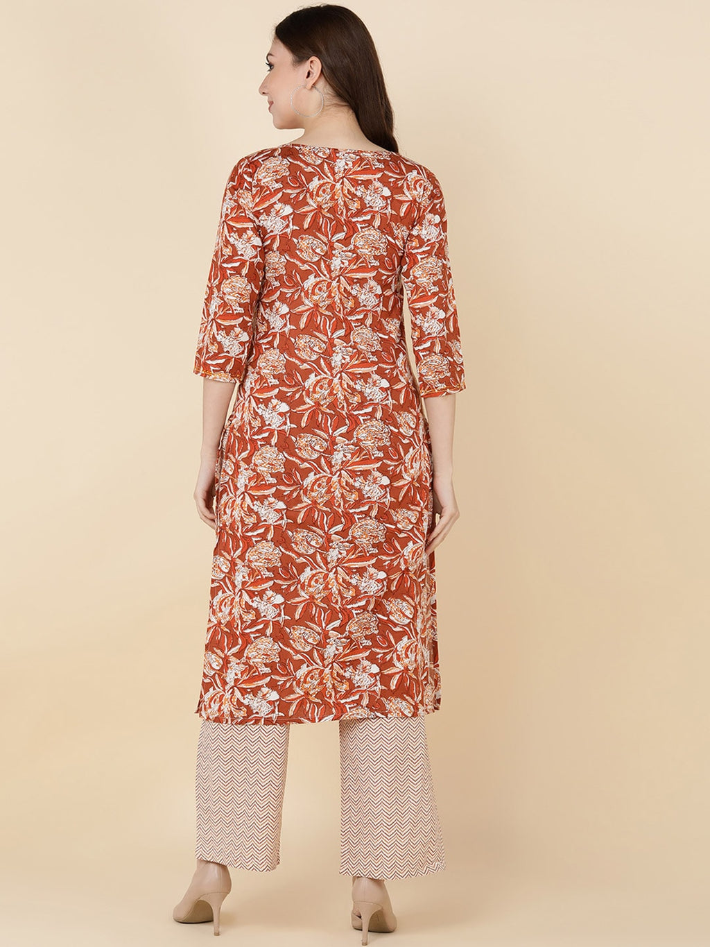HERE&NOW Women Brown Floral Printed Sequinned Kurta with Trousers