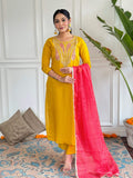 The52 Mustard Embroidered Chanderi Fabric Straight Kurta, Pant and Dupatta Set