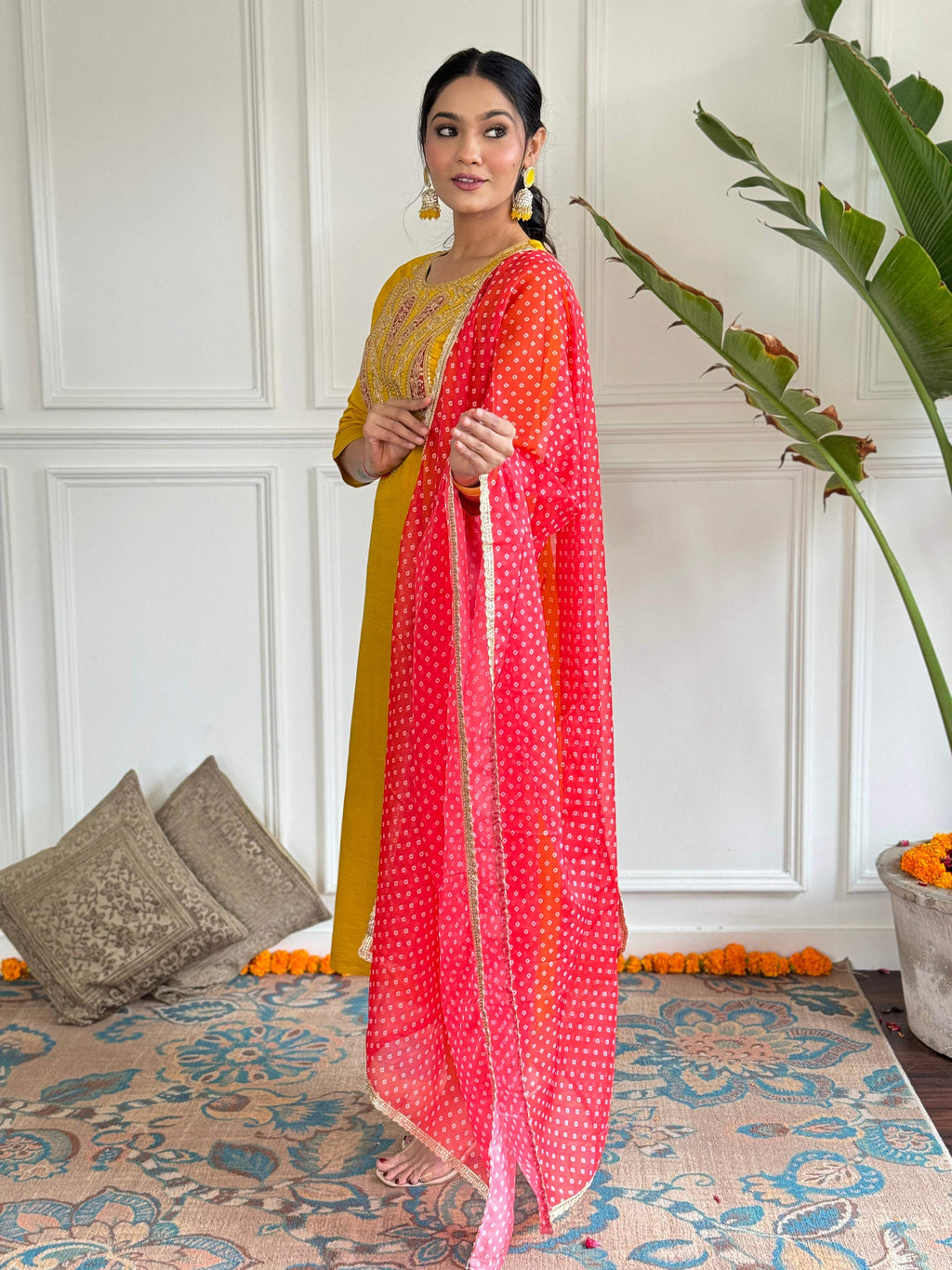 The52 Mustard Embroidered Chanderi Fabric Straight Kurta, Pant and Dupatta Set