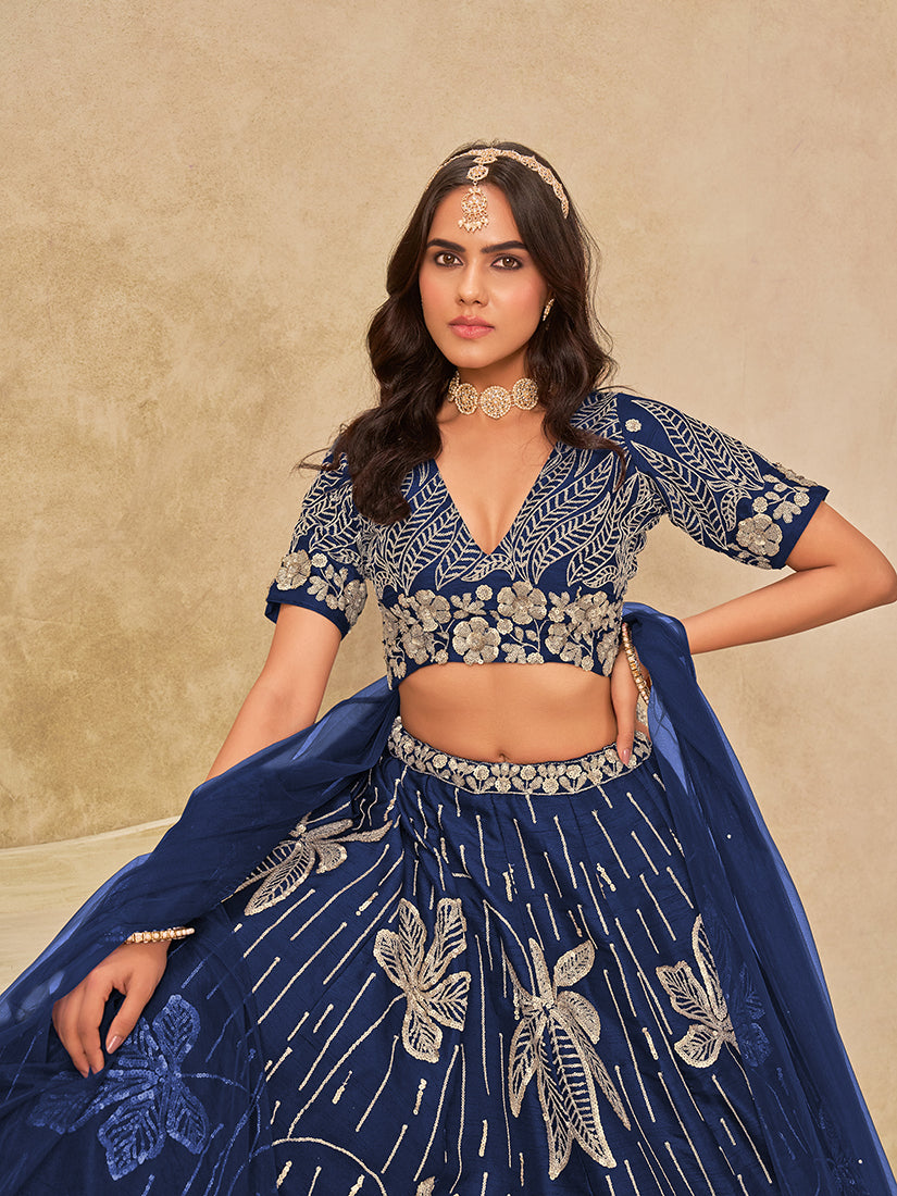 Monjolika Fashion Navy Blue Embroidered Art Silk Reception Trendy Lehenga Choli