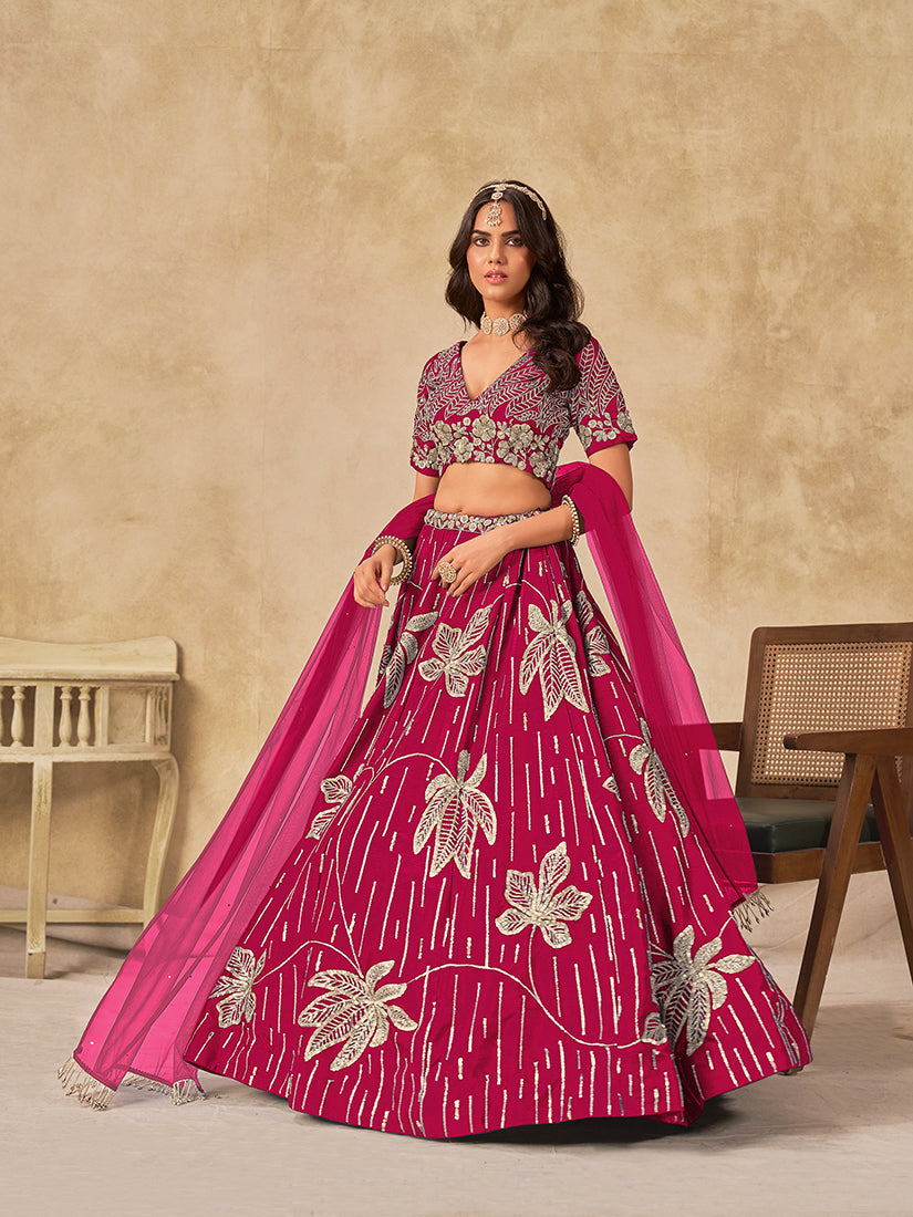 Monjolika Fashion Hot Pink Embroidered Art Silk Reception Trendy Lehenga Choli