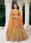 Monjolika Fashion Rust Orange And Mustard Yellow Silk Bridal With Embroidery And Sequins Work Lehenga